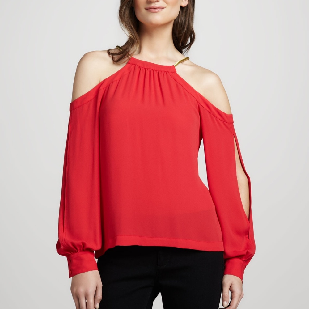 Open shoulder cold crepe red berry top blouse